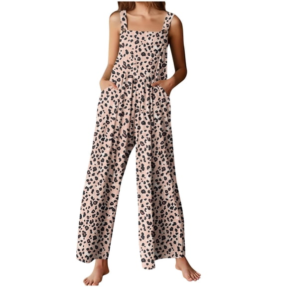 Byworldtasic Womens Jumpsuit Sleeveless Print Overalls Back Smocked High Waist Straight Leg One Piece with Pockets