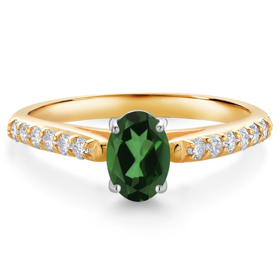 Gem Stone King 10K Two Tone Gold Emerald Envy Mystic Topaz and White Lab Grown Diamond Engagement Ring for Women (0.98 Cttw, Gemstone November Birthstone, Oval 7X5MM, Size 9)