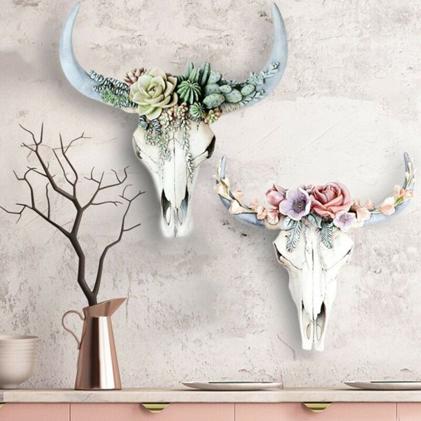 Resin Longhorn Cow Skull Head Wall Hanging Decor 3D Animal Wildlife Sculpture Figurines Crafts Horns For Home Garden DecorationPink12x12x3cm He Qiyong unisex