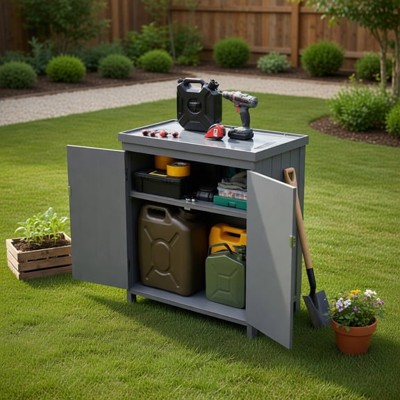 Topcobee Outdoor Storage Cabinet, Outdoor Tool Shed with Two Shelves for Yard Tools or Pool Accessories, Small Shed Outdoor Storage, Garden Storage, Outdoor Cabinets Weatherproof, Gray