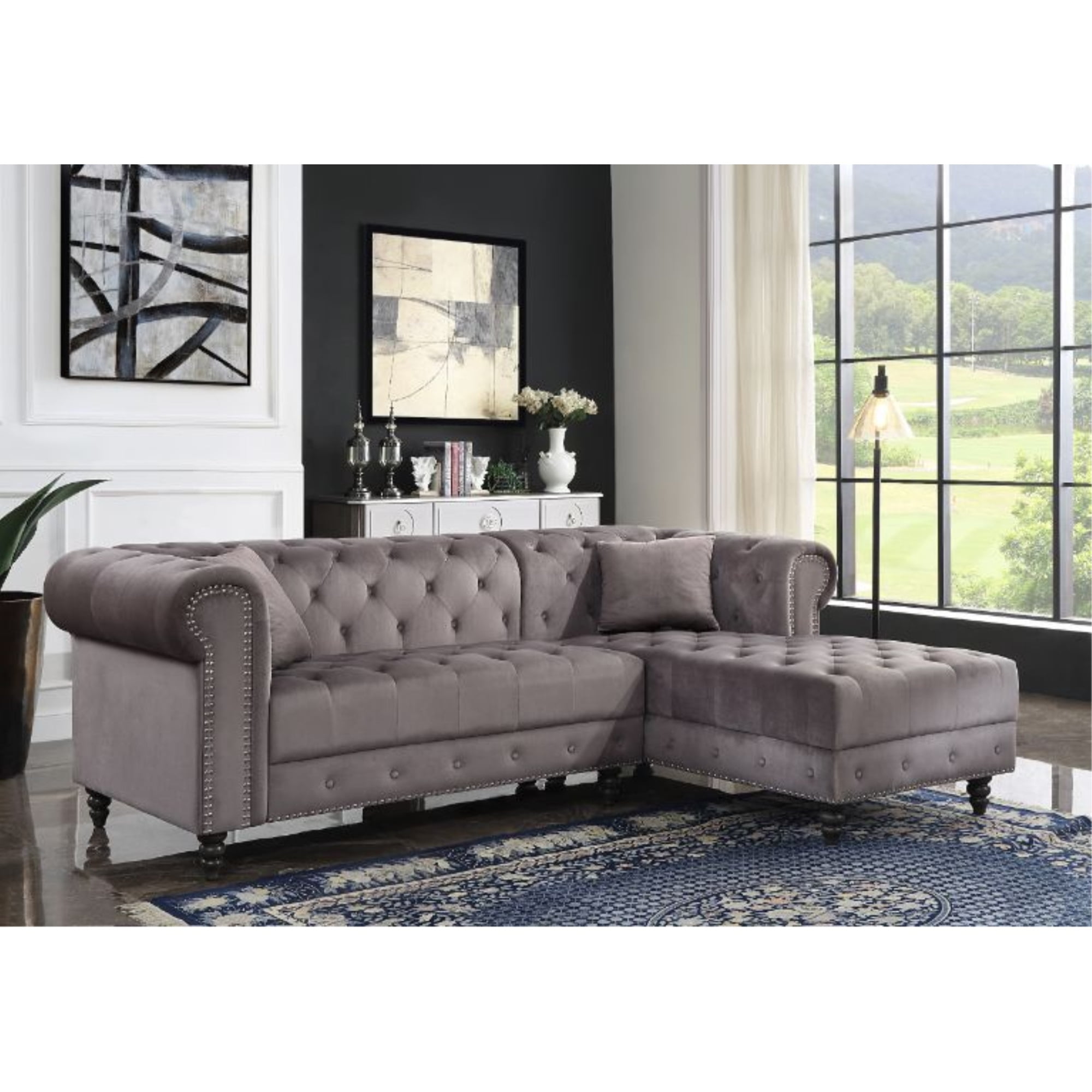 Sectional Sofa w/2 Pillows, Gray Velvet