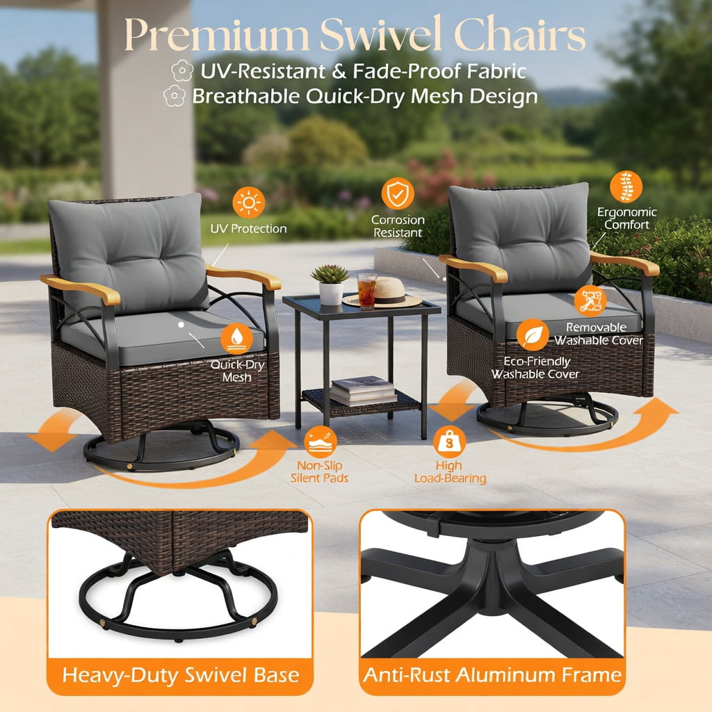 Hommoo 3-Piece Outdoor Swivel Chair Set with Tempered Glass Side Table, Cushions, PE Rattan, Acacia Wood Armrests, Gray