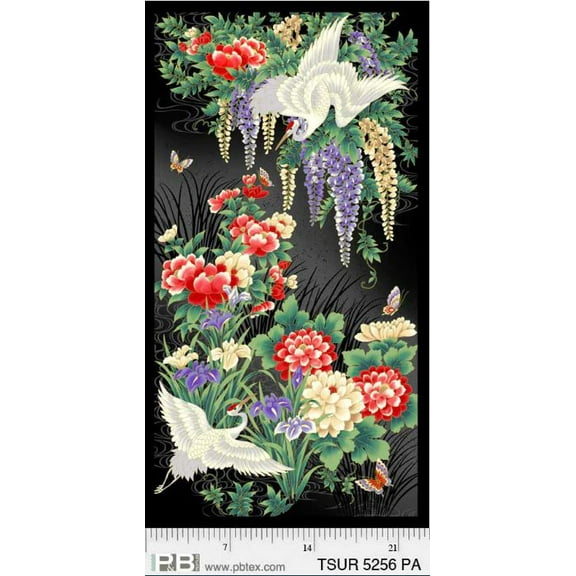 23.25" X 44" Panel Cranes Birds Flowers Metallic Gold Accents Japanese Tsuru Black Cotton Fabric Panel (TSUR-05256-PA)