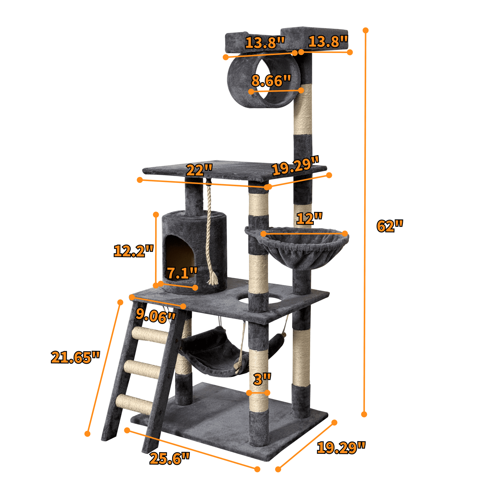 Baohe Indoor Cat Tower 62-Inch Modern Cat Tree with Widened Perch, Ideal for Big Cats & Kittens. Multi-Level Design with Scratching Posts, Tunnel, Basket & Cave Condo