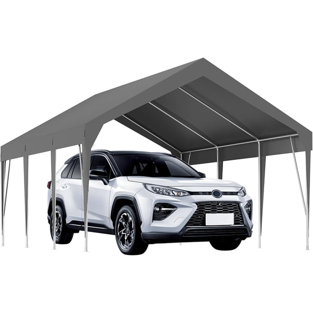 Abri d'Auto Robuste 10x20 Pieds Imperméable Résistant aux UV Abri Extérieur Portable Garage Tente de Fête pour Rangement de Voiture Protection Toutes Saisons Gris
