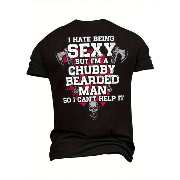 Funny Chubby Bearded Man Sexy Graphic T-Shirt Retro Humorous Tee for Men Vintage Style Skull and Axes Design