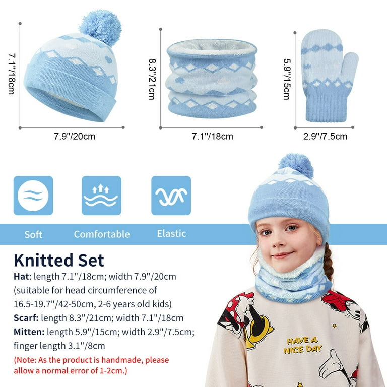Fleece Girls Winter Jacquard Vbiger Hat 3pcs Set, Set, Style Blue Lined Kids Scarf Gloves