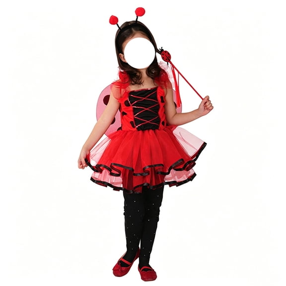 Girls Ladybug Halloween Cosplay Costume Set, Polka Dot Spaghetti Strap Tutu Dress with Wings Wand Headband, Soft Tulle Fabric for Kids Party Dress Up Red L