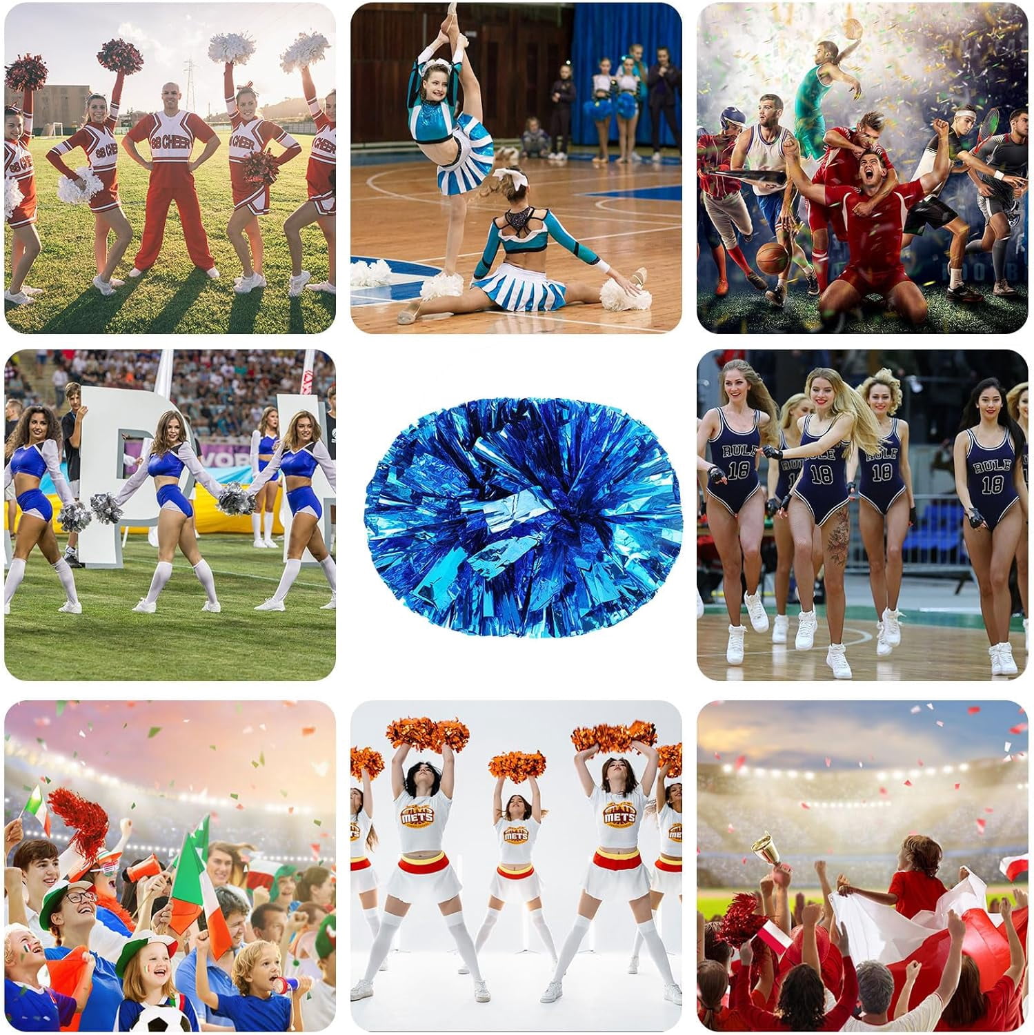 Cheerleader Pom Poms 12 Pack Sports Dance Cheering Plastic Metallic Cheerleading Pom Poms for Kids Adults