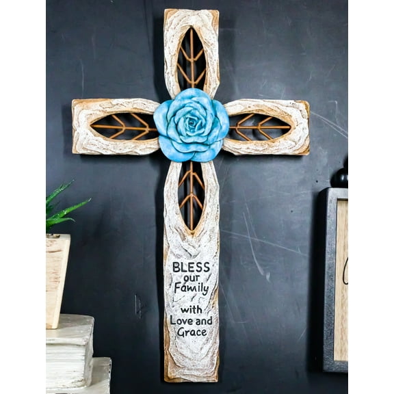 Rustic Aqua Blue Rose Flower Bless Our Family With Love And Grace Wall Cross