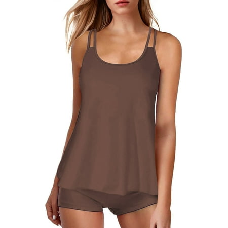 Rigardu Hot Sale!! Flowy Tankini Bathing Suits for Women Tummy Control Swimsuits Two Piece Swimwear Tank Top with Boyshorts Women s Slimming and Shielding Two Swimsuit for Women with Straps Brown S