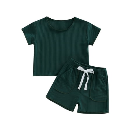 

Eyicmarn Infant Boys Girls Summer Clothes Outfits Solid Color Crew Neck Short Sleeve T-Shirts and Elastic Waist Shorts Suit