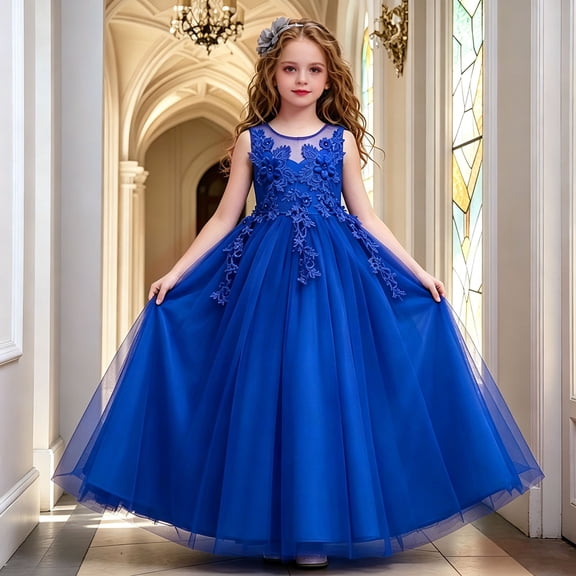 Angala Formal Princess Dress For Girls Sleeveless Crew Neck Solid Color Girls Performance Dresses