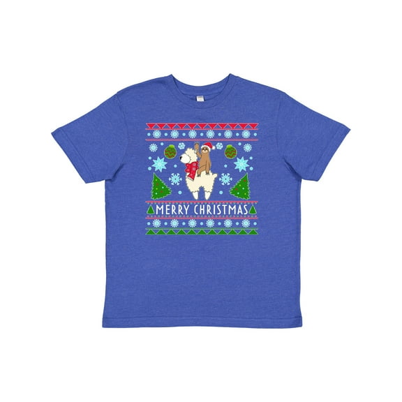 Inktastic Merry Christmas Sloth and Llama Ugly Sweater Style Youth T-Shirt