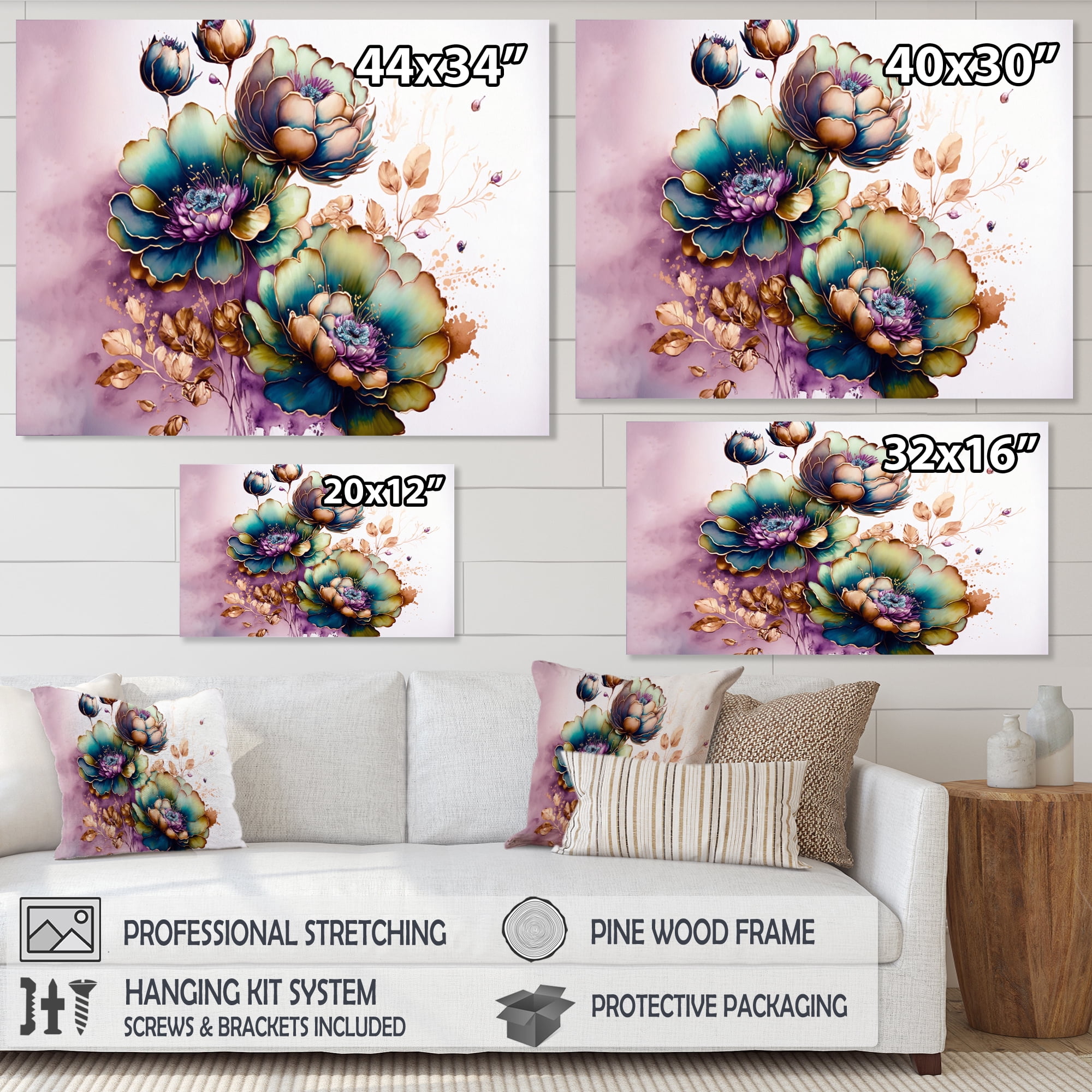 Designart Green And Blue Violet Floral Design II Canvas Wall Art