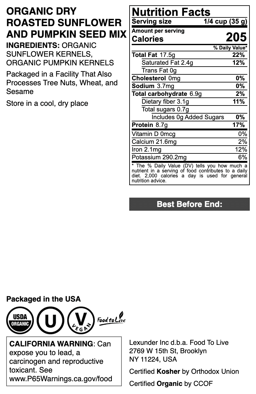 Organic Dry Roasted Sunflower and Pumpkin Seed Mix, 8 Pounds – Oven Roasted, No Oil added, Healthy, Natural Snack, Rich in Protein, Perfect for Baking and Salads, Vegan, Kosher, Bulk