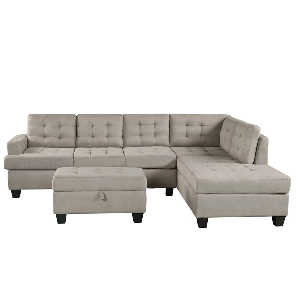 Modern Reversible Fabric Sectional Sofa LShape with Ottoman, Extra