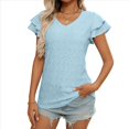 thumbnail image 3 of Camiseta de Verano para Mujer, Cuello en V, Volantes, Corta, Calada, Azul , L, 3 of 9