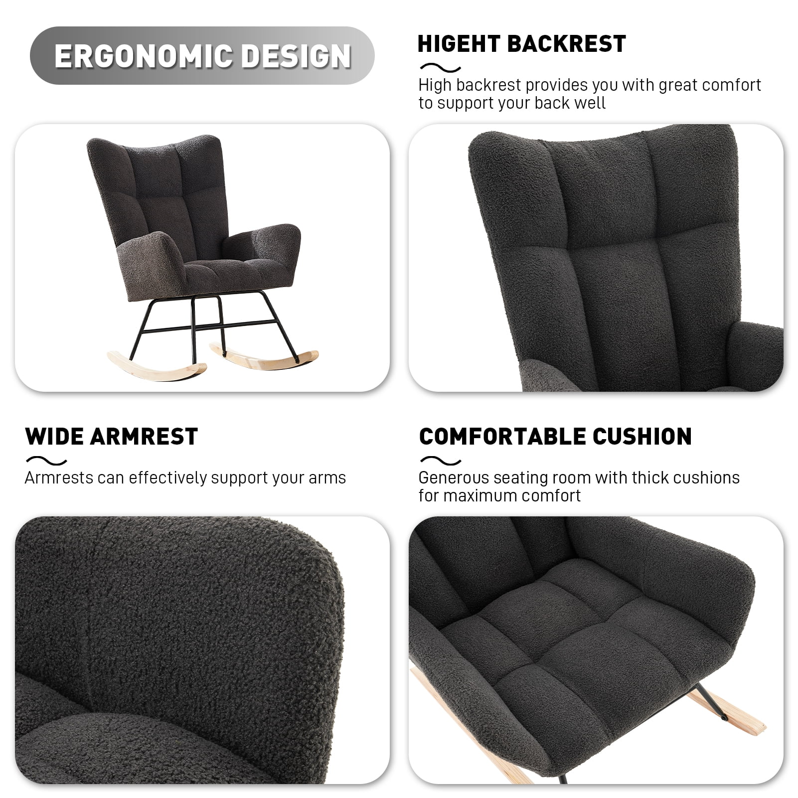 Ouyessir Nursery Rocking Chair Teddy Fabric Upholstered Glider Rocker Comfy Accent Chair with High Backrest for Living Room Bedroom Office(Dark Gray)