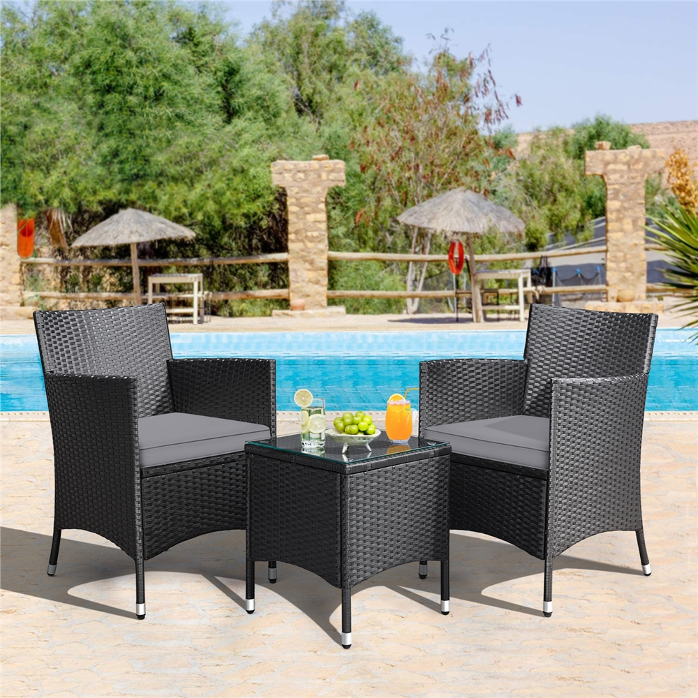 Yaheetech 3-Piece Wicker Rattan Coffee Table and Chairs Set, Black/Gray - image 2 of 9