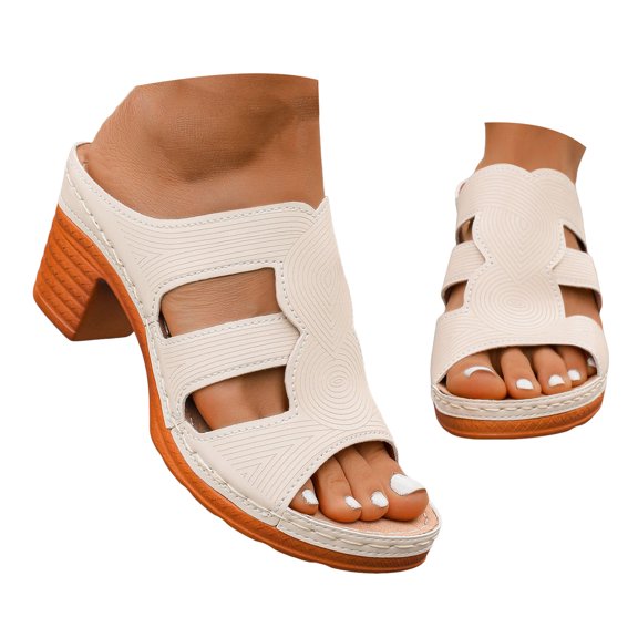 IUJSOY Womens Sandals Slip on Slides Peep Toe Heels Casual Cutout Block Heel Sandals Beach Shoes