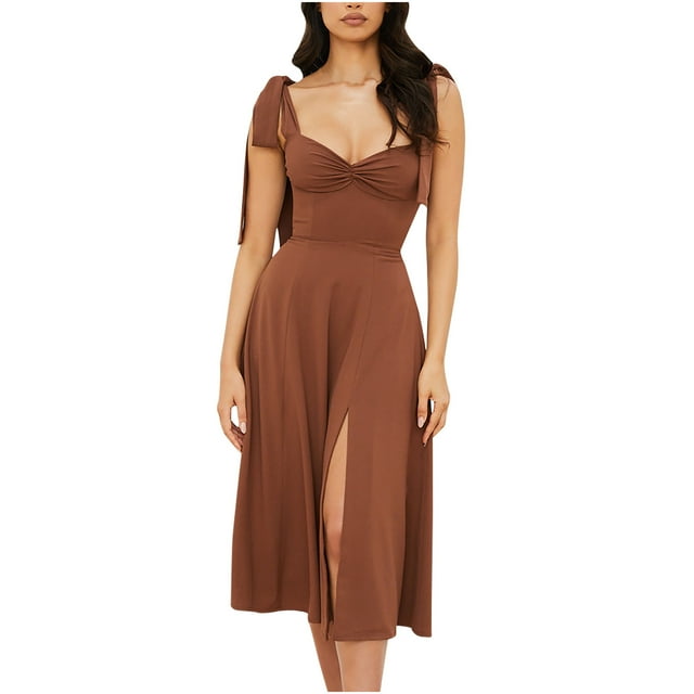Yuyuzo Cocktail Dresses for Women Square Neck Sleeveless Midi Dress Ruched Slit A Line Flowy Dresses