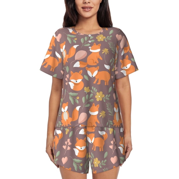Fotbe Cute Little Fox Conjunto de Pijama Estampado para Mujer, 2 Piezas, Ropa de Dormir con Camiseta de Manga Corta y Shorts Suaves-Medium