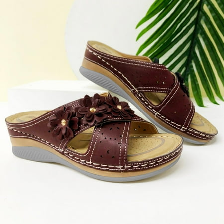 

Leather Sandals Women Dressy Summer 2023 Peep Toe Platform Sandals Shoes Beach Wedges Ladies Flip Flops Orthopedic Sandals