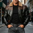thumbnail image 2 of LODIENY Mens Removable Faux Shearling Collar Bomber Jacket Vintage Collared Color Block Leather Motorcycle Jackets for Fall Winter with Pockets Brown M, 2 of 9