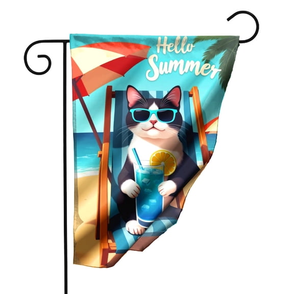 Hello Summer Garden Flag Double Sided Polyester Decorative Outdoor Flag with Black Cat Sunglasses Design 12.5x18 Inch for Patio Yard Porch Decor#22091