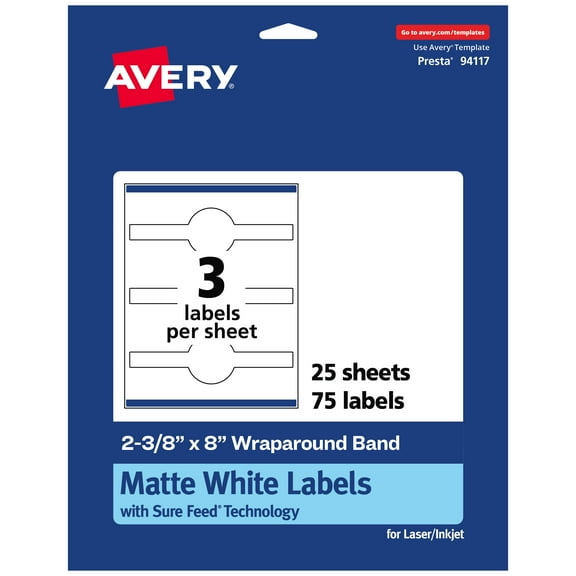 Avery Matte White Wraparound Band Labels, 2-3/8" x 8", 75 Total