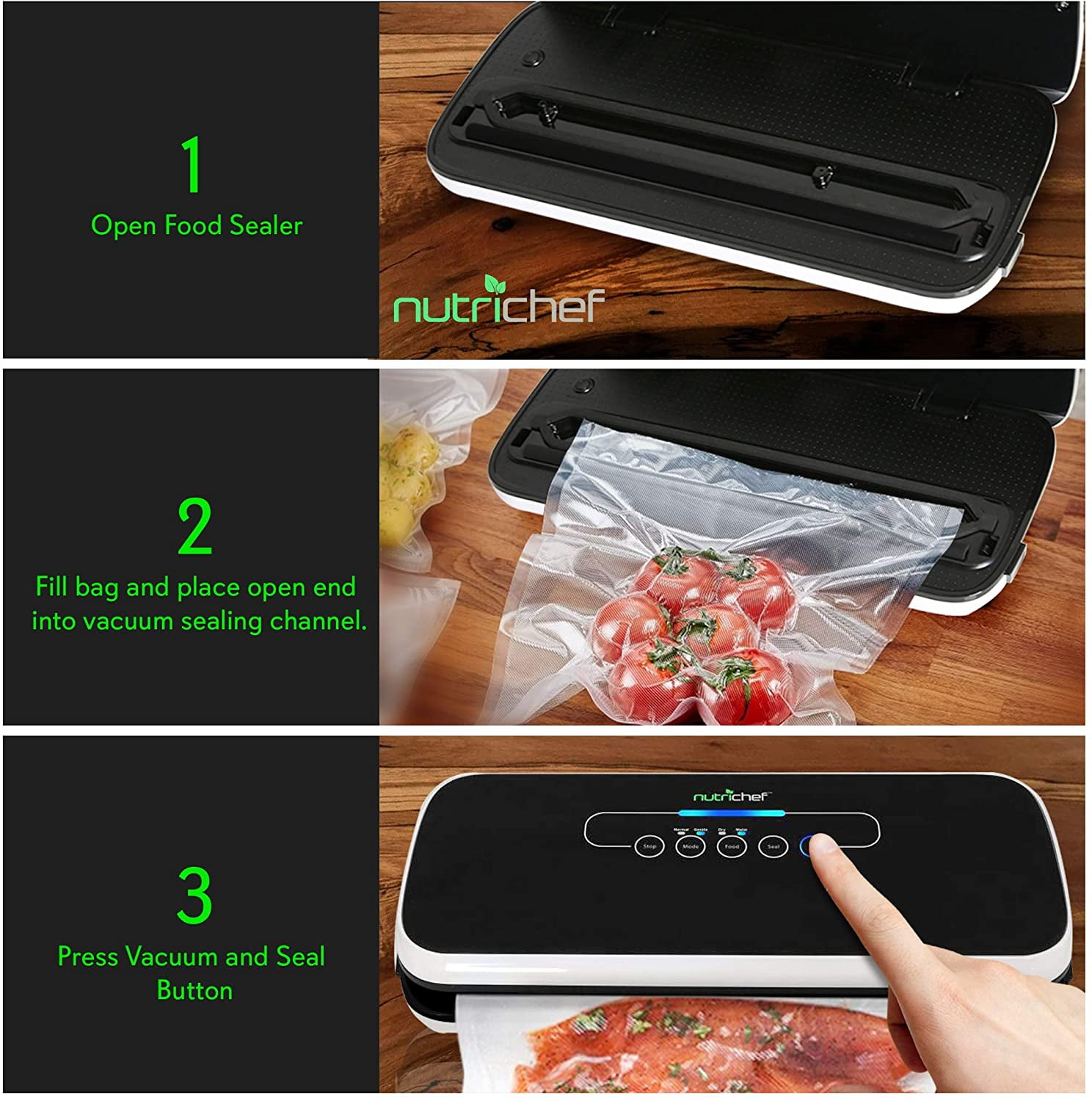 NutriChef PKVS Sealer | Automatic Vacuum Air Sealing System Preservation &  Vacuum Sealer Bags 11x50 Rolls 2 pack for Food Saver, Seal a Meal