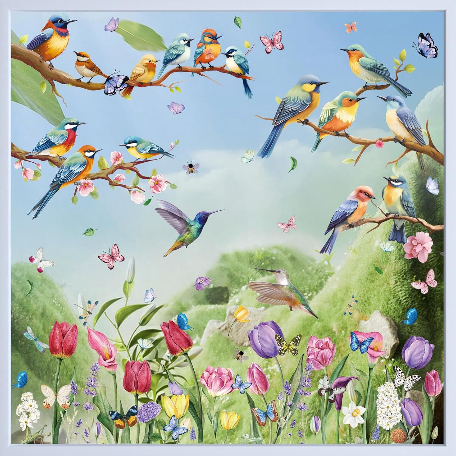Spring Window Clings, 9 Sheets 76 PCS Tulip Window Clings with Bird Branch Butterfly Double Sided Reusable Spring Holiday Decorations Spring Decor for Room Office