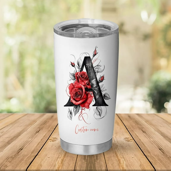 Personalized 'A' Initial Floral 20oz Tumbler, Stainless Steel Insulated Cup with Lid, Custom Coffee Travel Mug for Women, Birthday, Wedding, Mother's Day, Sister Gift