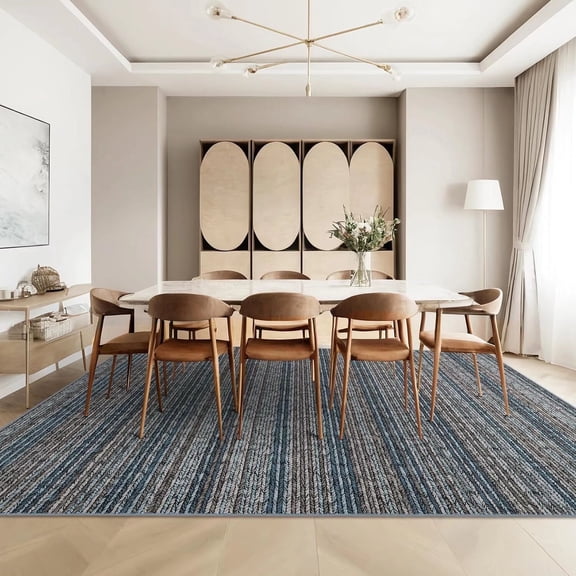 Hasoo Area Rug 9' x 12' Rugs for Dining Room Modern Striped Rugs for Living Room Printed Braid Indoor Carpet Soft Lightweight Washable Blue Rugs