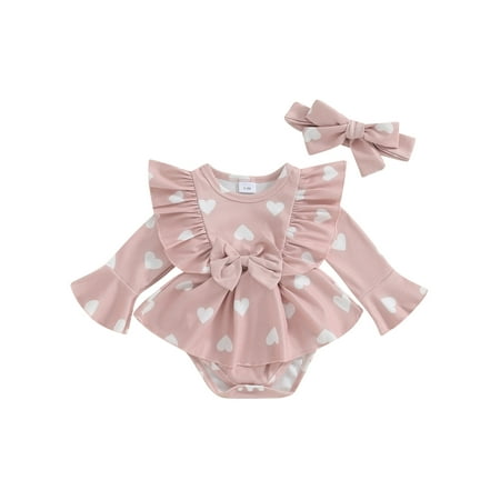 

TFFR Baby Girl Valentine Heart Romper Dress 0-18M Long Sleeve Ruffles Ribbed Jumpsuit with Bow Headband