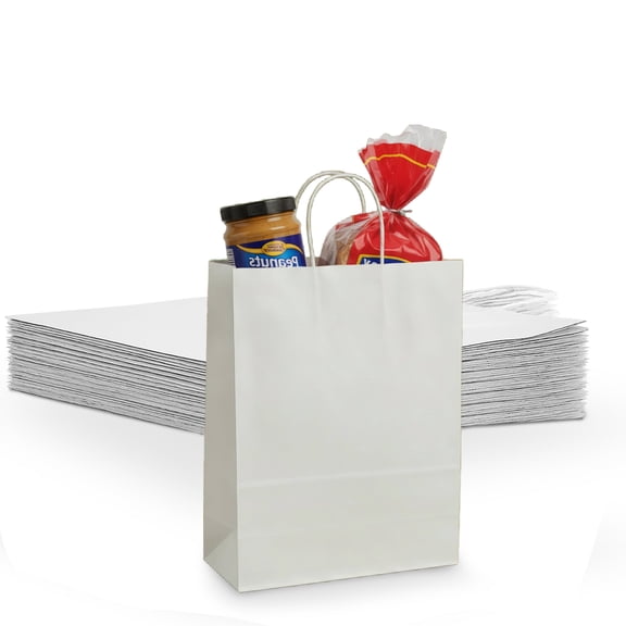 MT Products White Grocery Bags 8" x 4" x 10" - Take-Out Paper Bags with Handles - Pack of 250