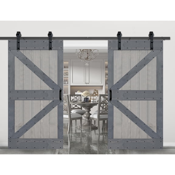 K Series 84in. X 84in. French Gray/Dark Gray Finished DIY Knotty Pine Wood Double Sliding Barn Door With Hardware Kit