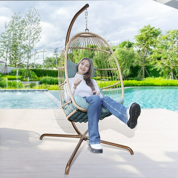 NICESOUL Wicker Egg Swing Chair with Stand and Blue Cushions Hanging Basket Chair 350LBS Capacity for Indoor Bedroom Living Room Walmart