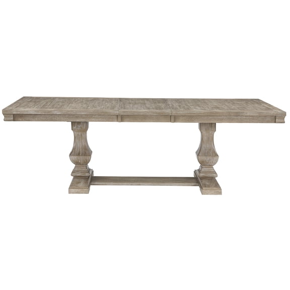 JERFIT Traditional Extendable Dining Table for 8 with Leaf, Double Pedestal Base, Wire Brushed Brown Gray Oak Finish