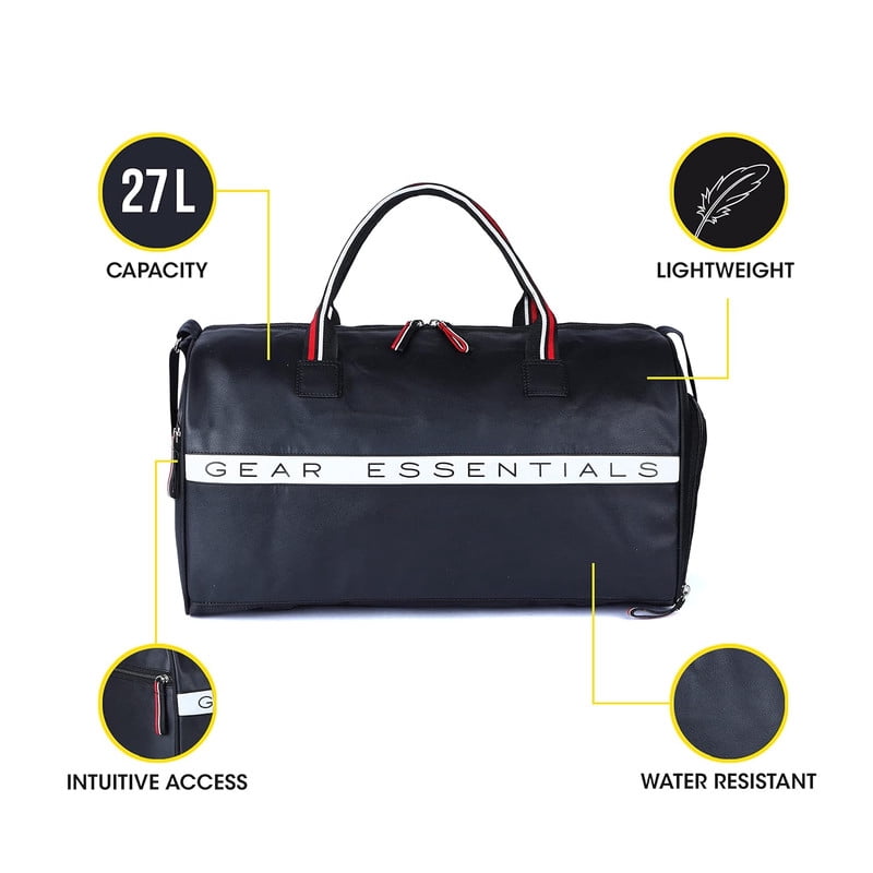 Gear Essentials 27L Faux-Leather Water Resistant Travel Duffle Bag/Gym Bag for Men/Women with Shoe Compartment (Black)