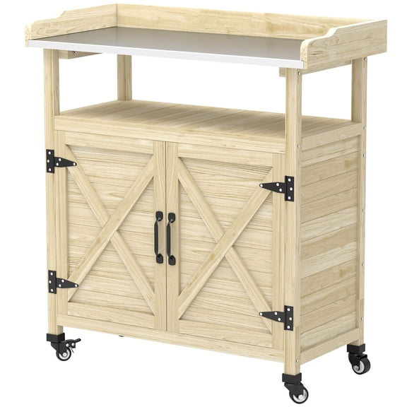 Outdoor Wooden Potting Bench with Storage Cabinet, Aluminum Tabletop, Rubber Wheels for Backyard, Patio, Natural Wood