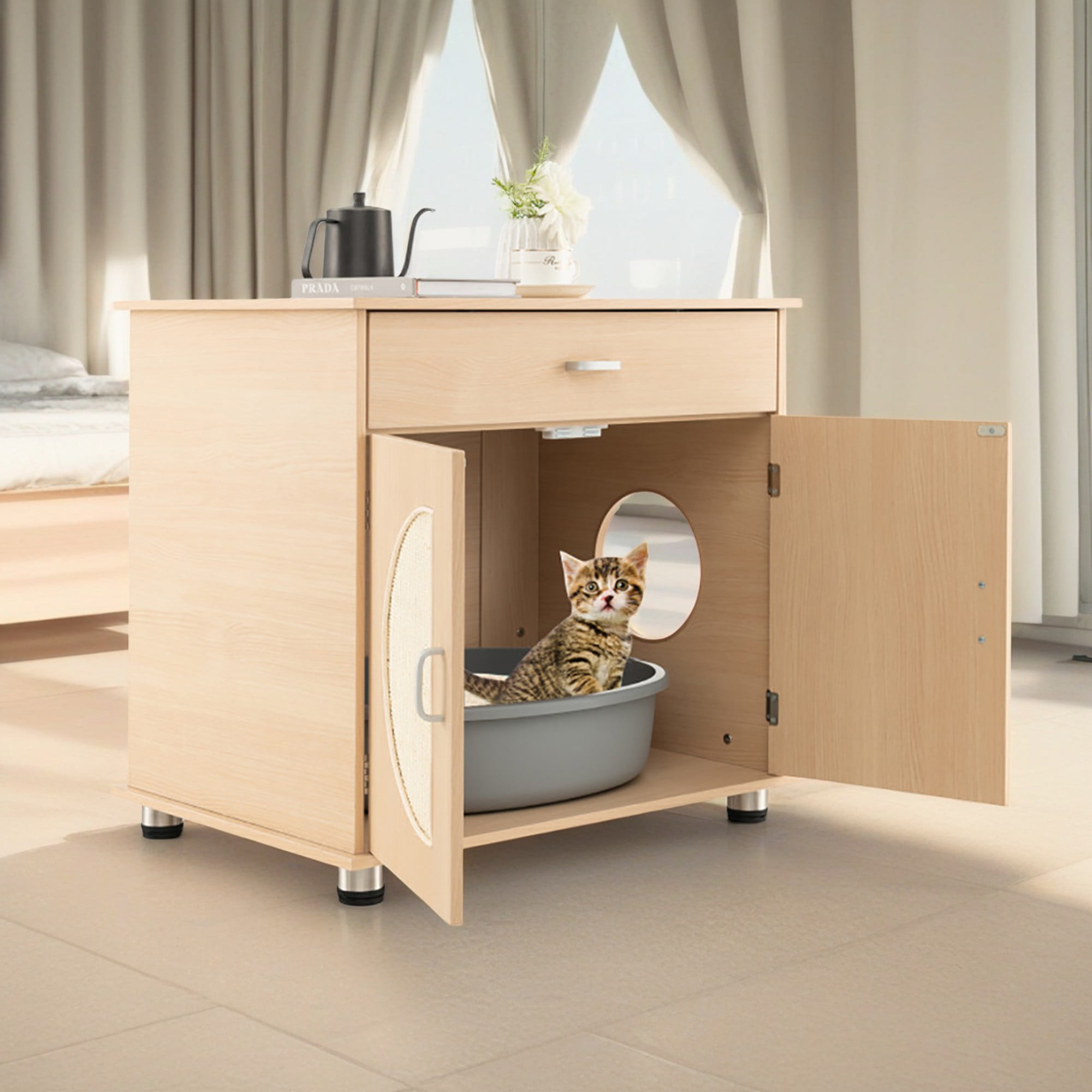 resenkos 26" Hidden Cat Litter Boxes Enclosure, Cat House Furniture with Sisal Scratching Doors, Suitable for Bedroom, Living Room, Beige