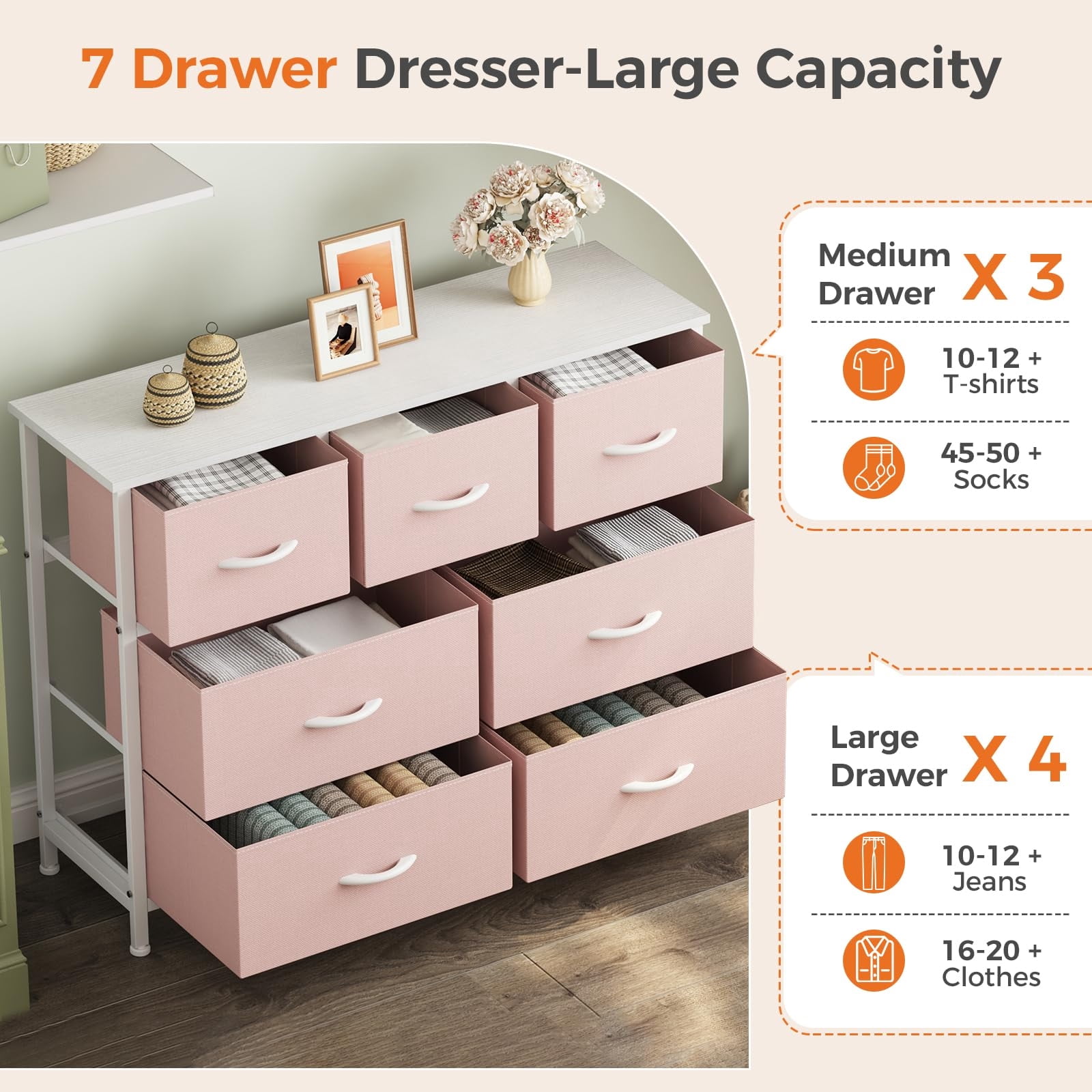Telyra 7-Drawer Fabric Dresser TV Stand Organizer with Wood Top and Metal Frame Wide Storage Chest, Pink