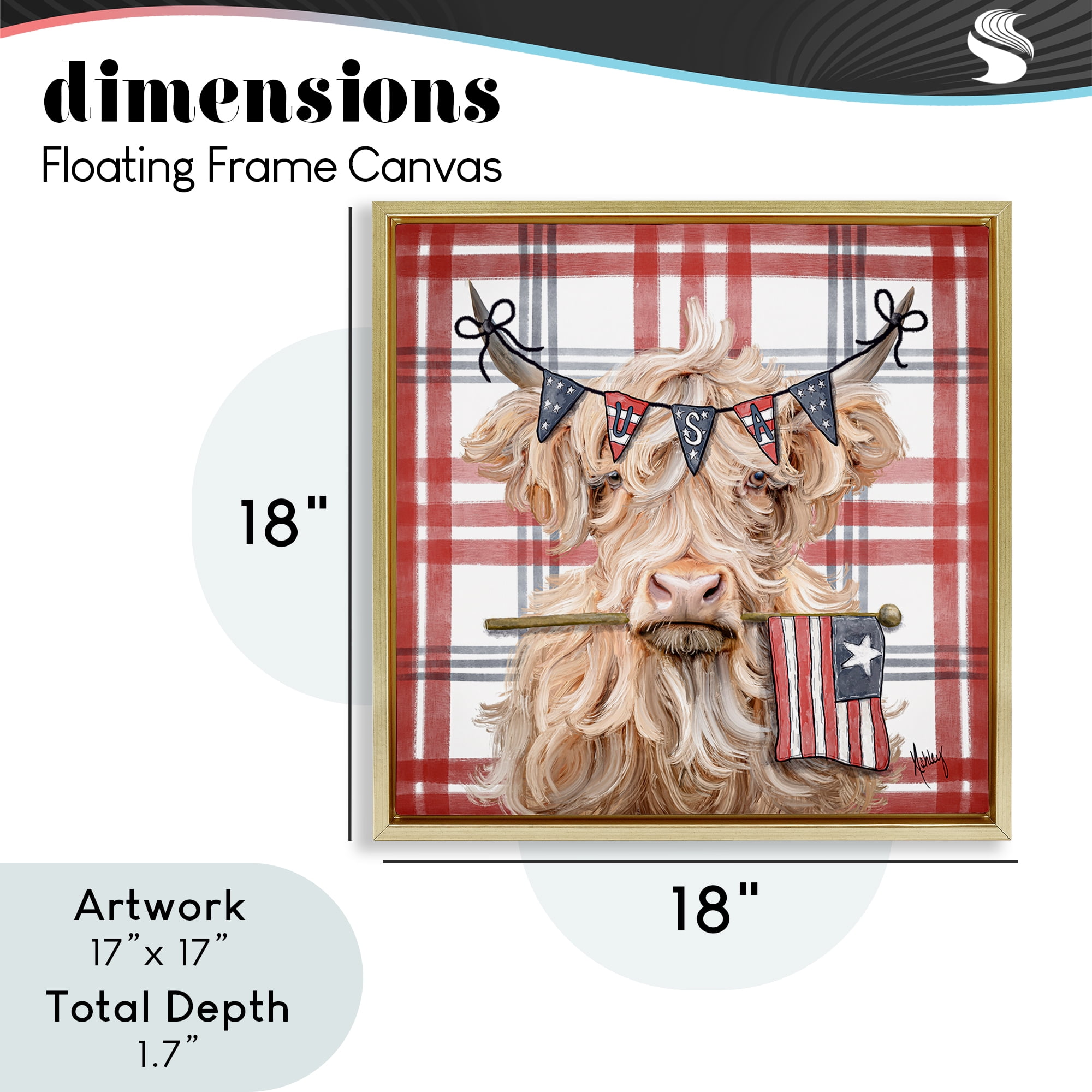 USA Plaid Highland Cattle Gold Framed Floater Canvas Wall Art, design by Ashley Bradley