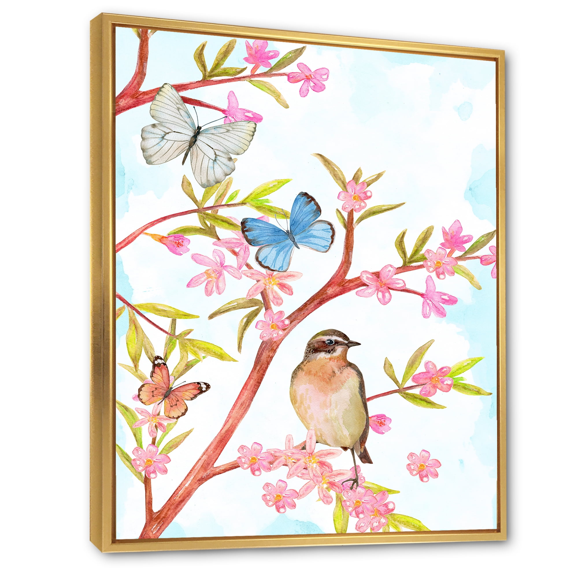 Designart 'Clever Bird Sitting On Branch of A Spring Tree With Butterflies' Traditional Framed Canvas Wall Art Print