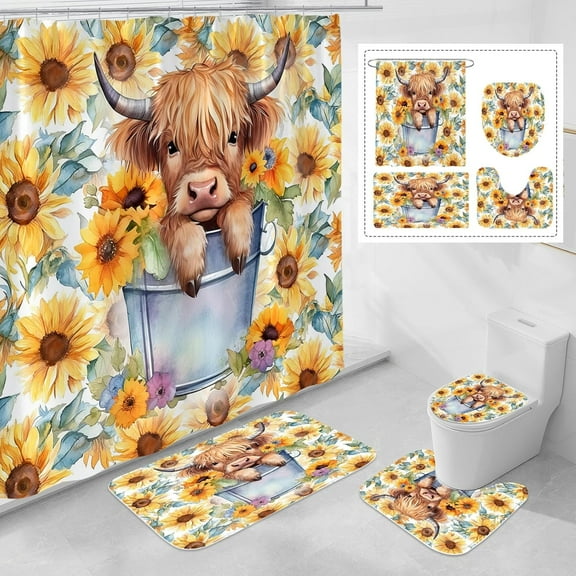 4 Pcs Cute Rustic Highland Cow Shower Curtain Sets with Rugs for Bathroom Decor, Funny Bathroom Sets with Shower Curtain and Rugs, Country Bathroom Curtain Set with Mats (Hooks Not Included)