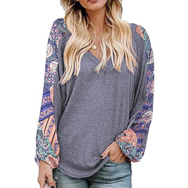 Blusa de mujer con estampado de empalme, manga larga, cuello en V, ajuste holgado, jersey informal para mujer, Top para trabajo, citas, viajes