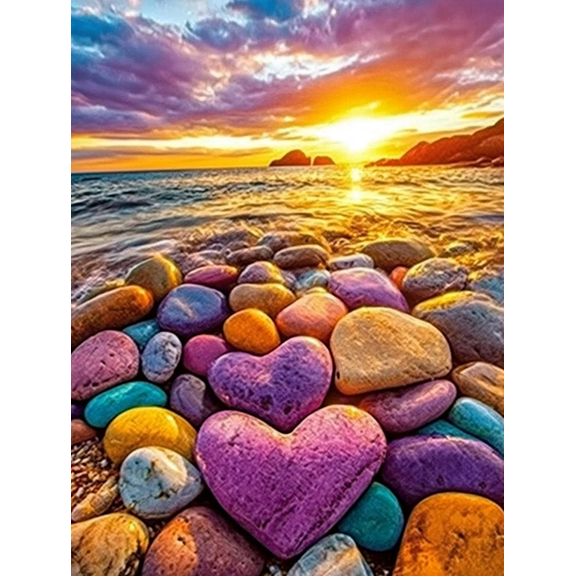 Heart Shaped Stones Sunset Seascape Decorative Painting/Canvas Art， Perfect for Living Room， Bedroom， Office， Dining Room， Study， Kitchen， Bathroom， Hallway and Apartment Decor.