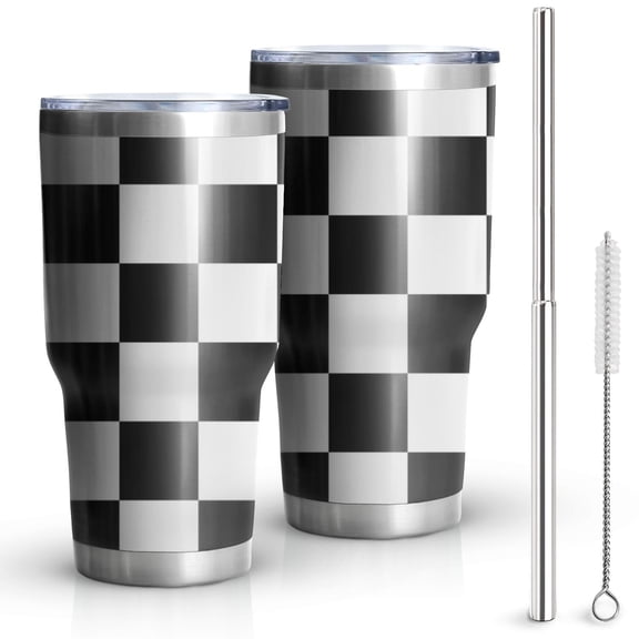 30oz Black and White Checkered Pattern Tumblers Stainless Steel Tumbler with Lid and Straw,Vacuum Insulated Double Wall Travel Tumbler Cups Mug with Cleaning Brush for Coffee,Tea